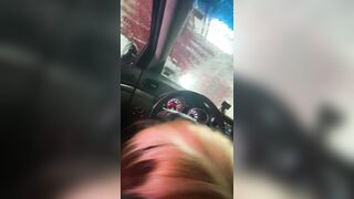 Blonde In Glasses Sucks It During Car Wash